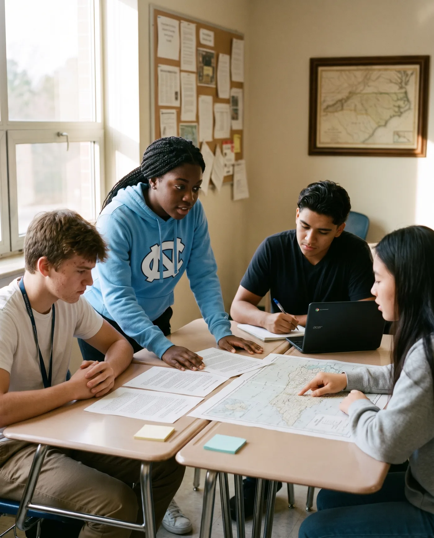 Four high school students working on a history project at pushed-together desks, one explaining from a document, one listening, one taking notes on a Chromebook, one pointing at a printed map (illustrative photograph)